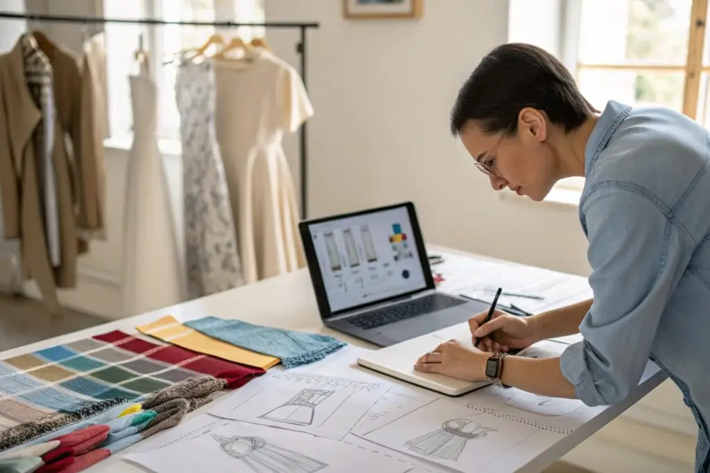 Fashion designer sketching dress concepts with fabric samples