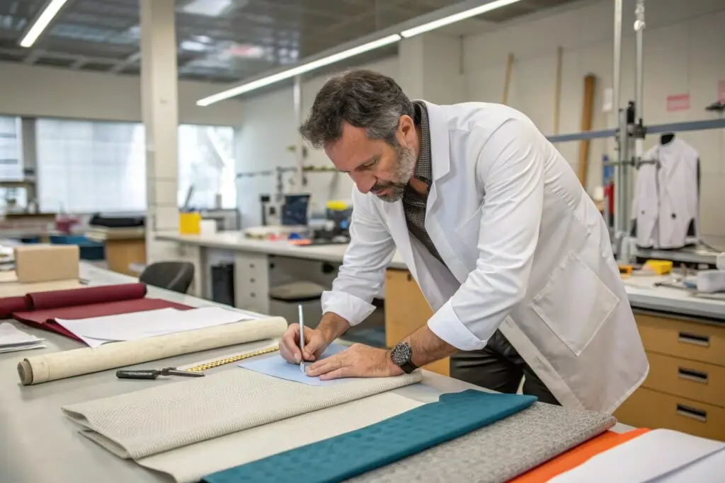 Designer testing fabric properties in textile laboratory