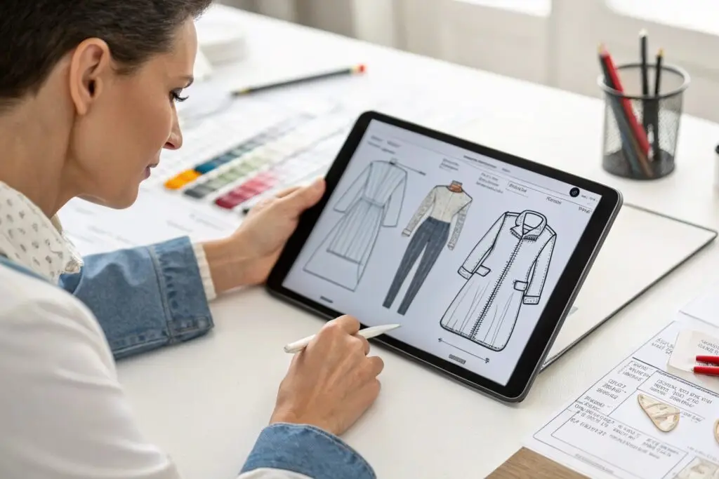 Designer working on fashion designs using tablet and color swatches