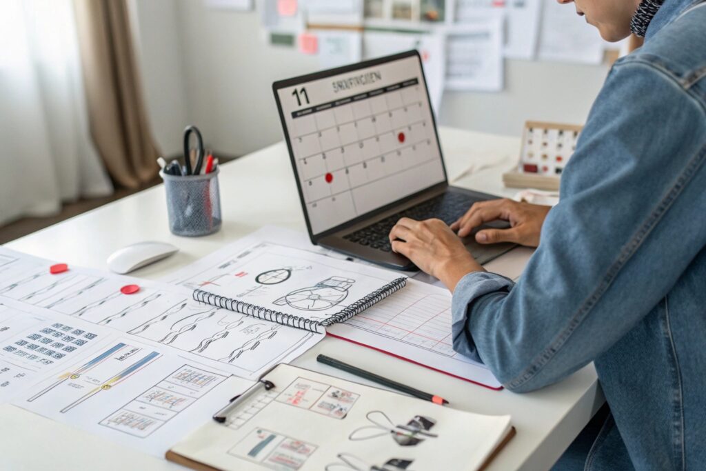 Designer working on sketches and calendar on a laptop in a creative workspace