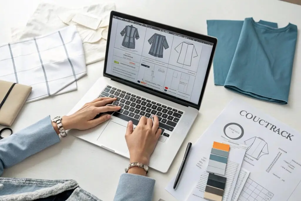 Designer working on garment tech pack and color swatches on laptop