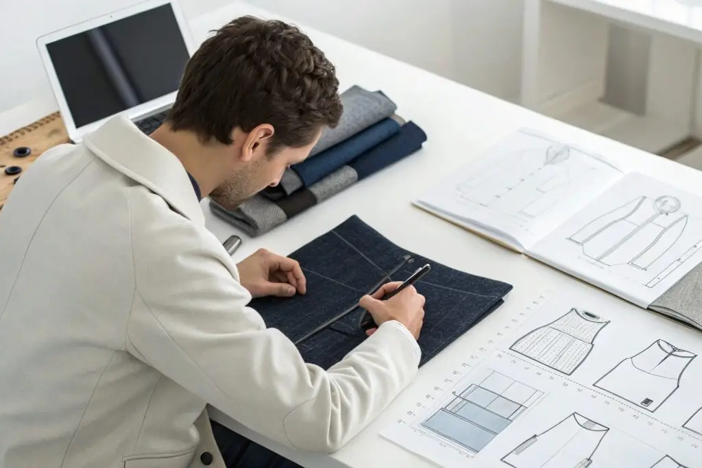 Designer reviewing fabric and garment sketches with tech pack