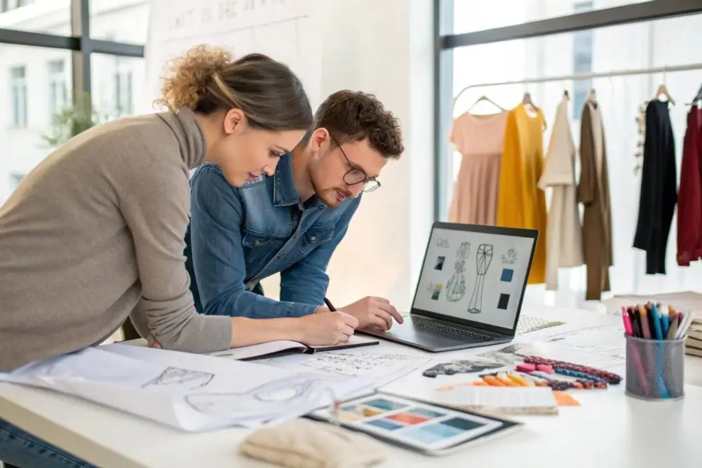 Fashion designers collaborating on dress sketches and fabric choices