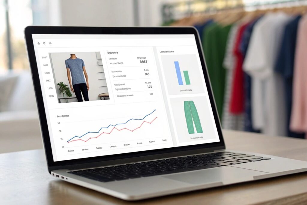 Laptop displaying clothing sales analytics and product insights