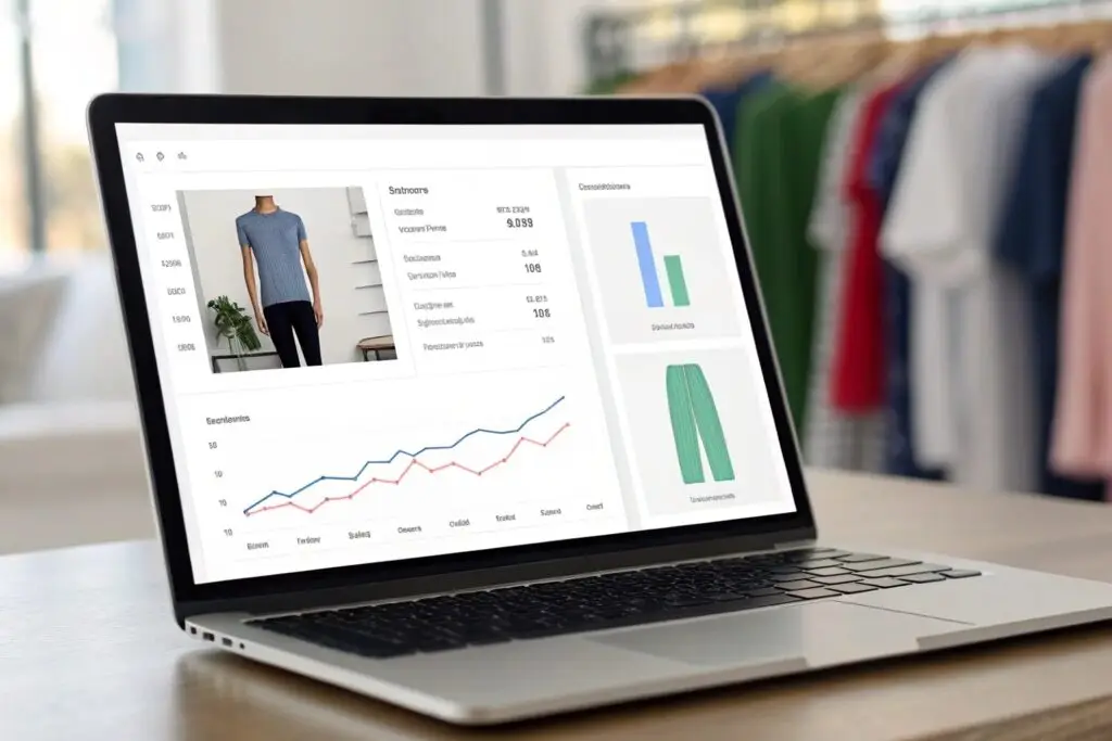 Laptop displaying clothing sales analytics and product insights