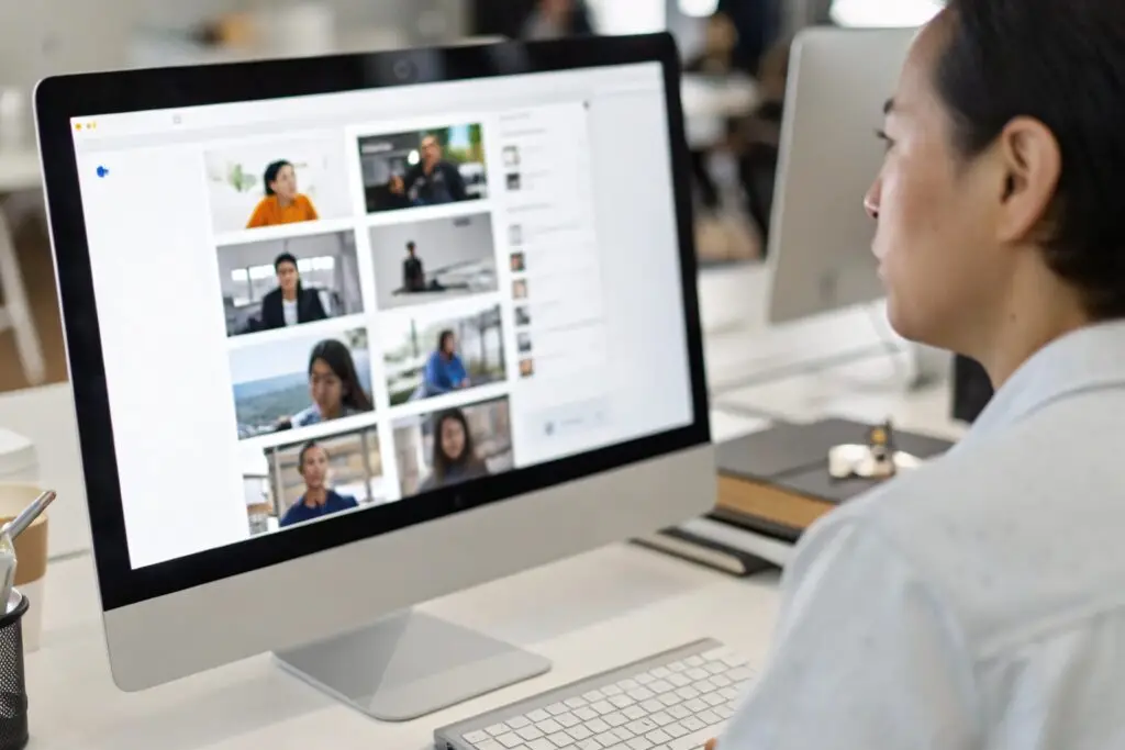 Person working on a computer, digital workspace with multiple people on screen