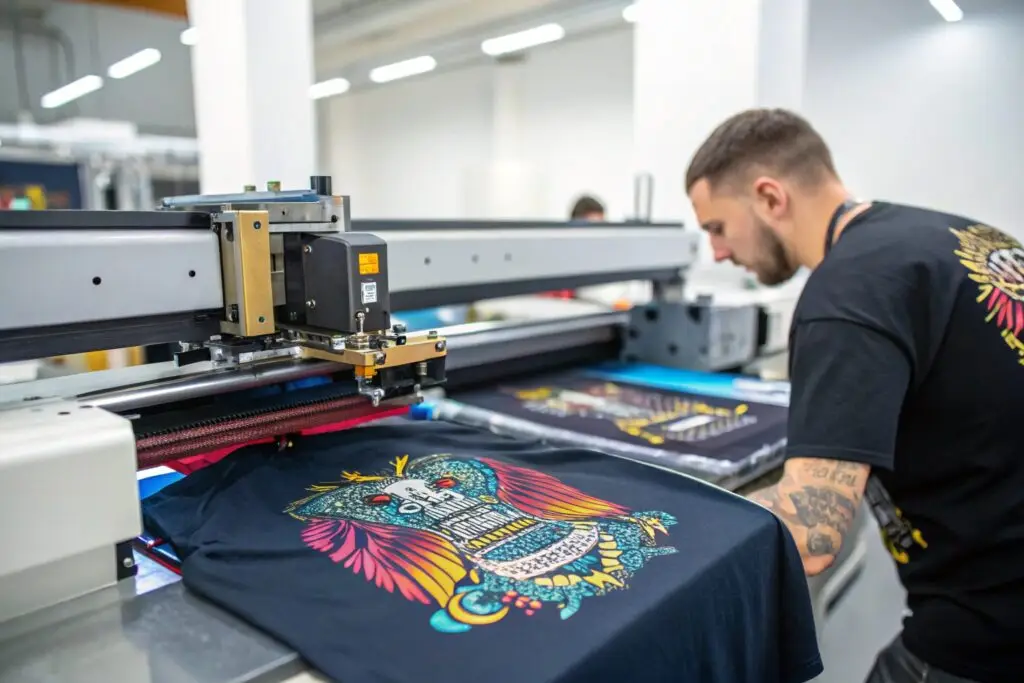 DTG printing machine creating colorful t-shirt design, high-quality custom apparel production