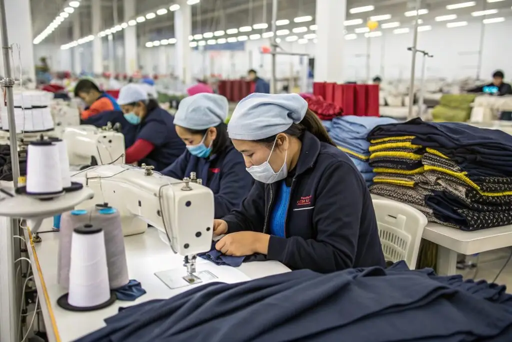 Skilled workers sewing garments in a modern clothing factory