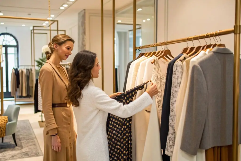 Fashion boutique display with customers browsing clothing