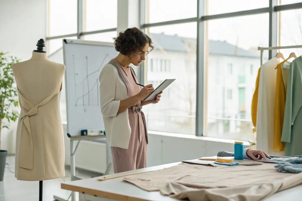 Fashion designer reviewing data and designs in modern studio