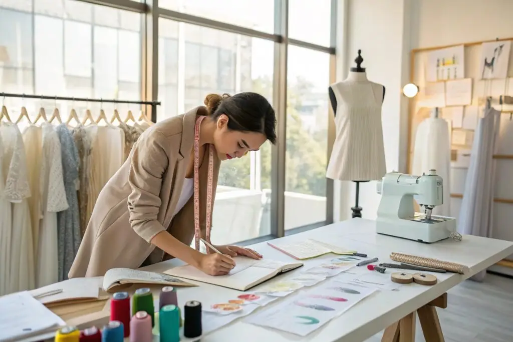 Fashion designer sketching new clothing designs in a creative workspace.