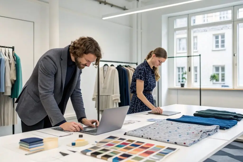 Fashion designers reviewing fabrics and colors in a studio