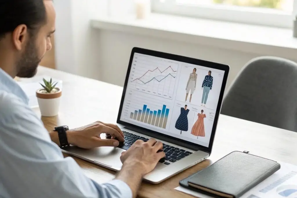 Fashion entrepreneur analyzing sales data on laptop