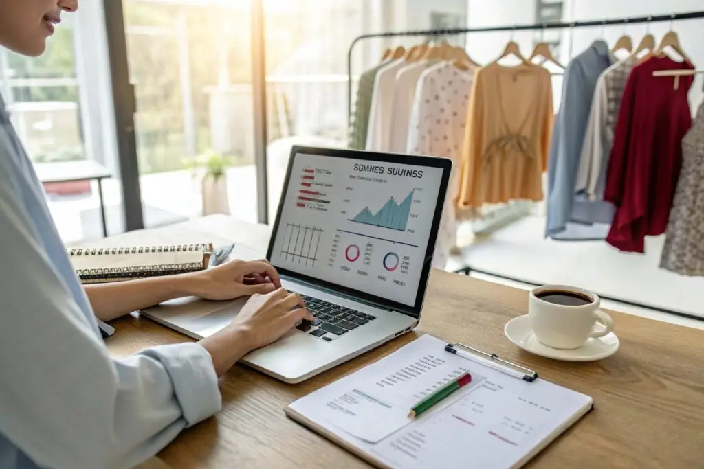 Fashion business owner analyzing sales and market trends