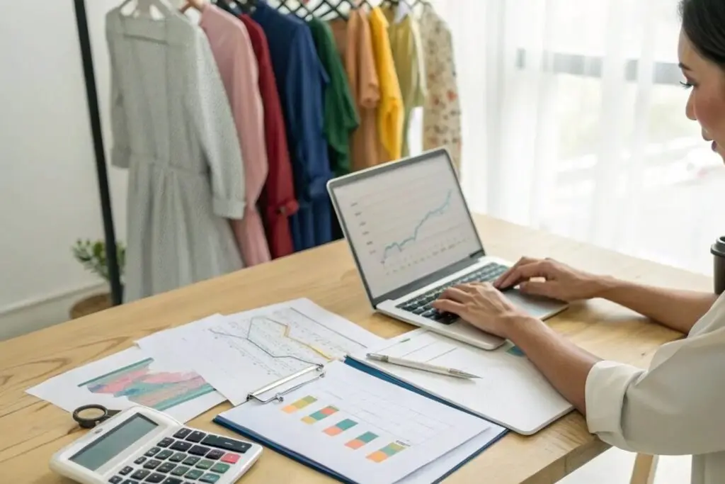 Fashion entrepreneur analyzing data with charts and clothing in background