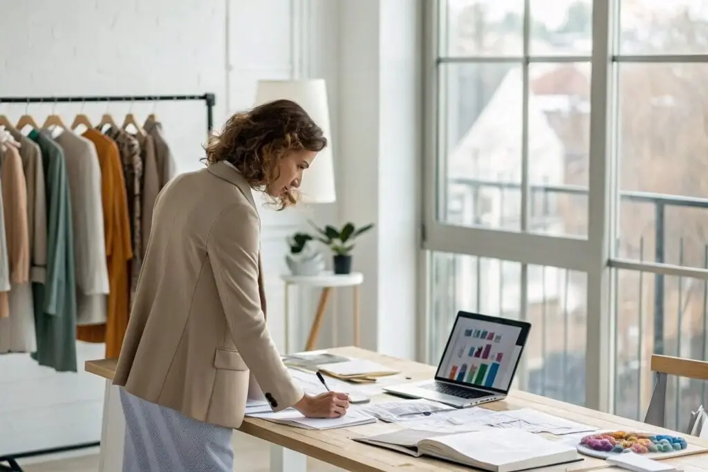 Fashion designer analyzing designs and data on laptop in studio