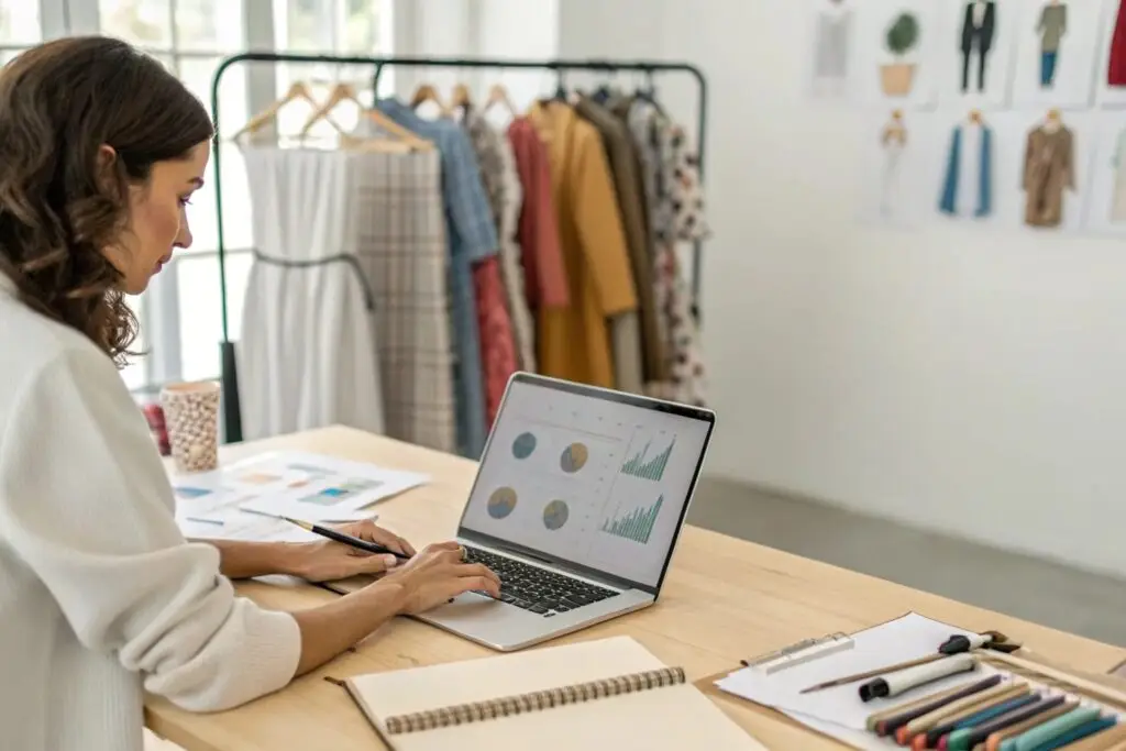 Woman analyzing fashion data, focusing on graphs and fashion design trends