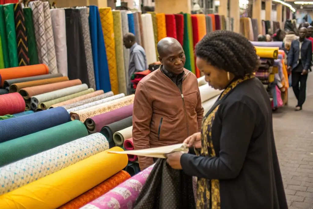 Fashion entrepreneurs browsing fabric rolls in textile market