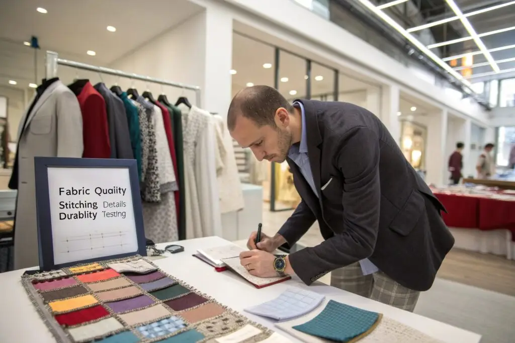 Fashion buyer evaluating fabric quality and durability