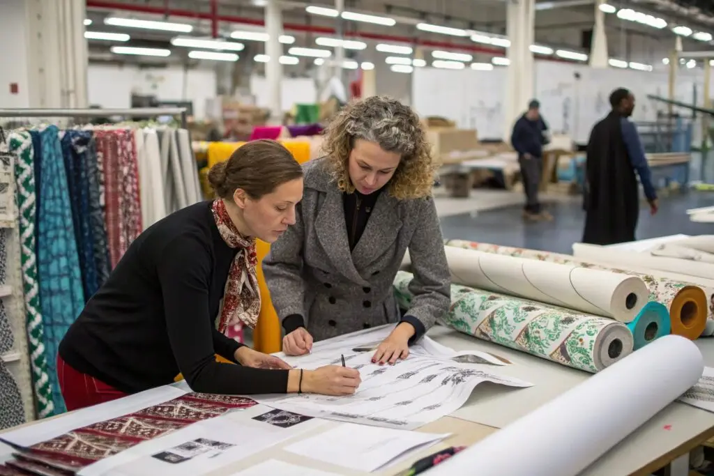 Fashion designers reviewing textile patterns and fabric prints