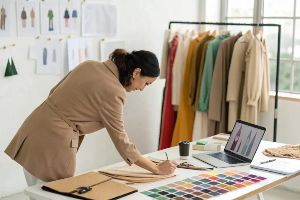 Fashion designer working on sketches and color palettes in studio