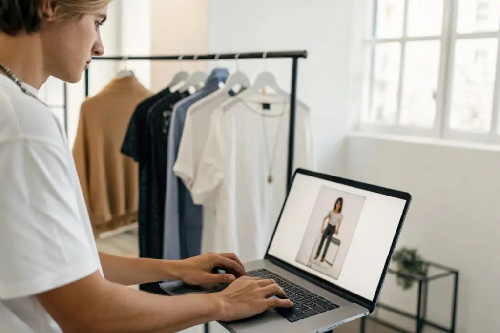 Fashion entrepreneur designing and reviewing clothing photography