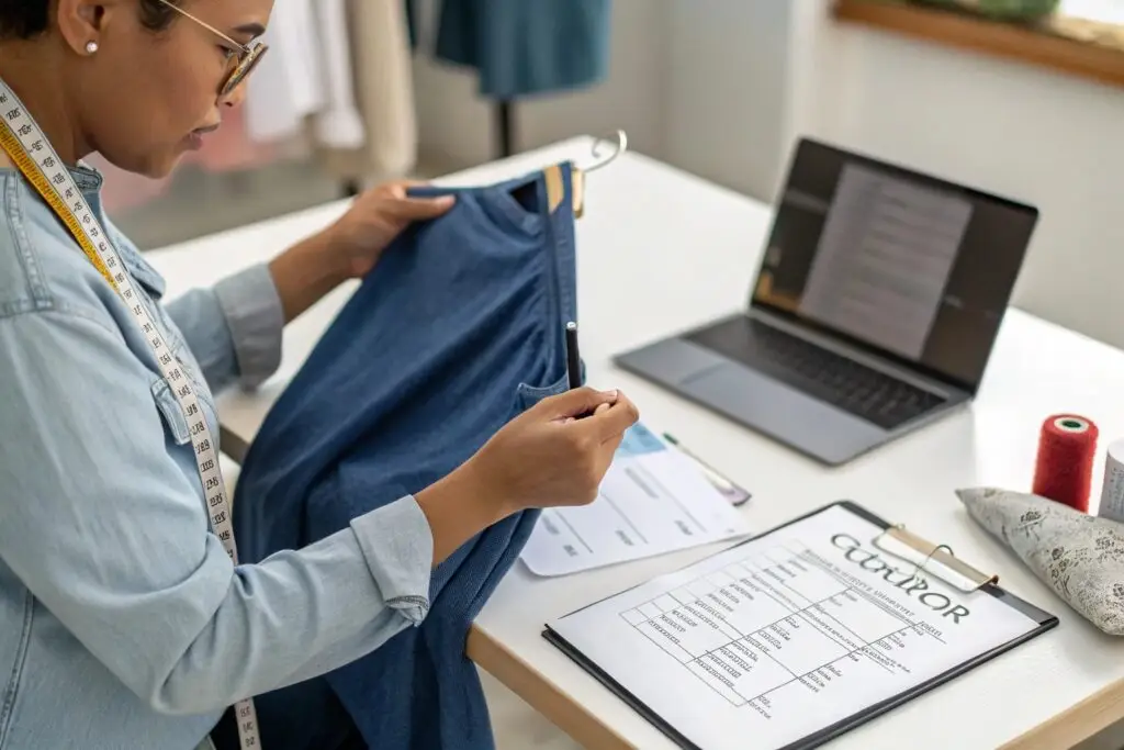 Fashion designer inspecting denim garment details