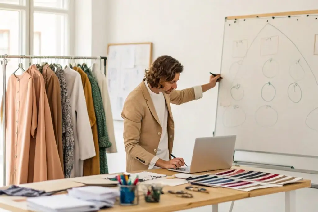 Fashion entrepreneur presenting designs and plans in a creative studio