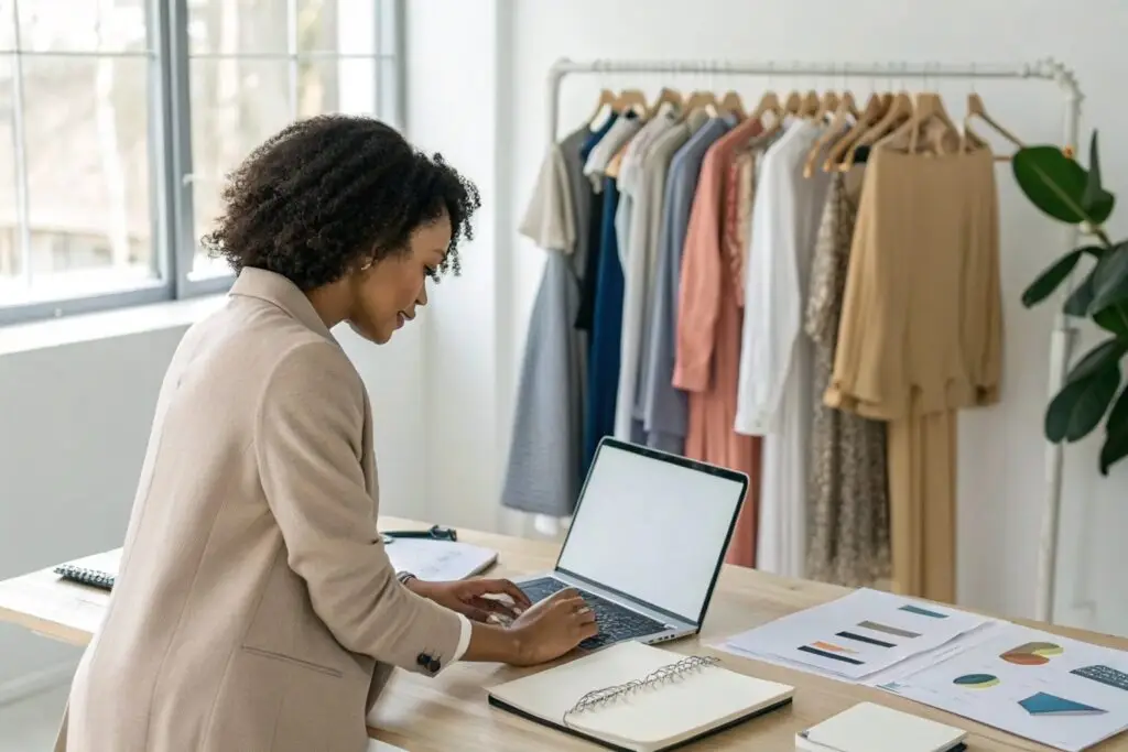 Fashion entrepreneur working on laptop with clothing designs and reports