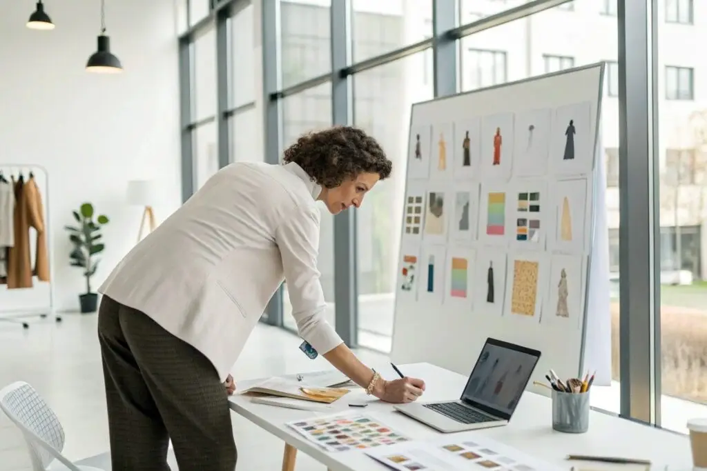 Fashion entrepreneur reviewing clothing designs and color palettes