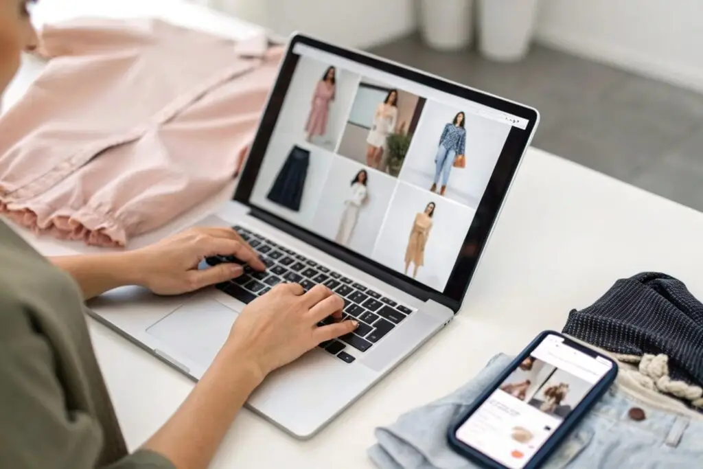 Fashion entrepreneur managing clothing inventory on laptop and phone