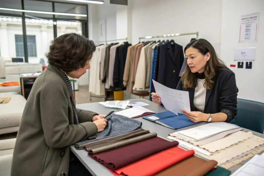 Fashion professionals discussing fabric selection and design plans