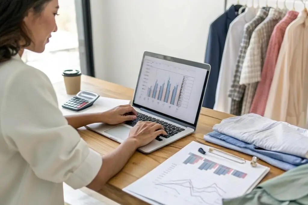 Fashion entrepreneur reviewing sales data with laptop and clothing