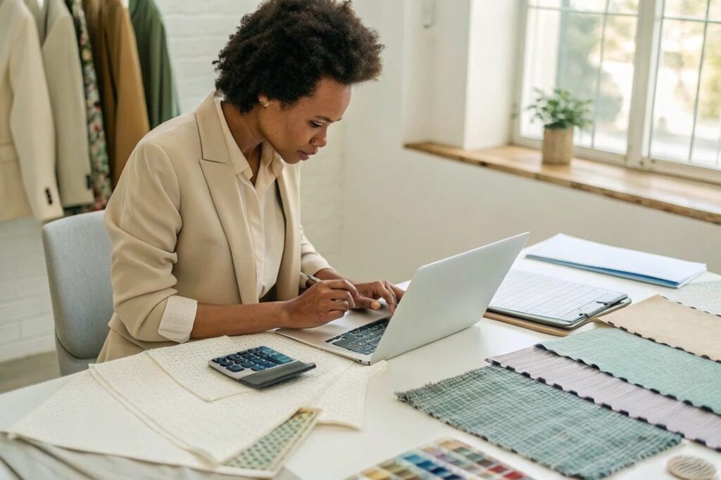 Fashion entrepreneur working on laptop with fabric samples and calculator