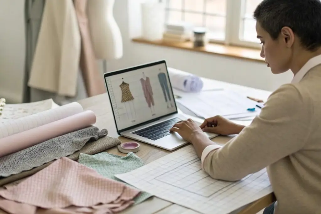 Fashion entrepreneur designing clothing on laptop with fabric samples