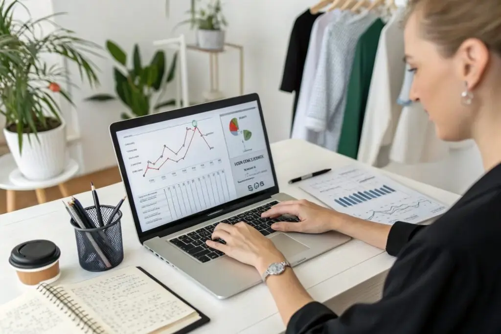 Fashion entrepreneur analyzing business performance and sales data