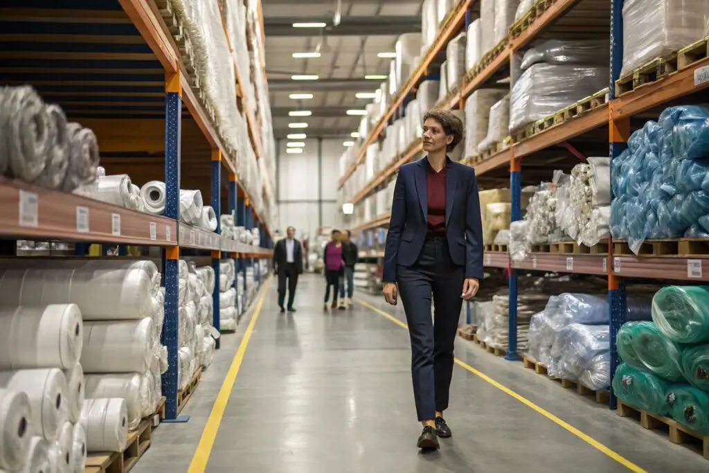 Textile industry professional inspecting fabric inventory in warehouse