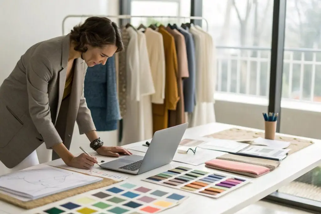Fashion designer working with fabric swatches and laptop in studio