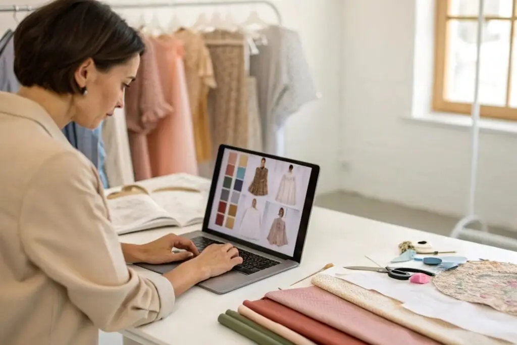 Fashion merchandiser selecting fabric and designs