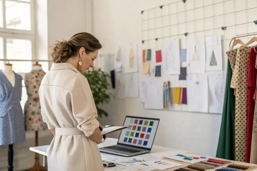 Fashion merchandiser reviewing designs and fabrics