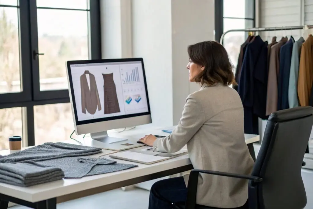 Fashion merchandiser analyzing clothing designs and sales data