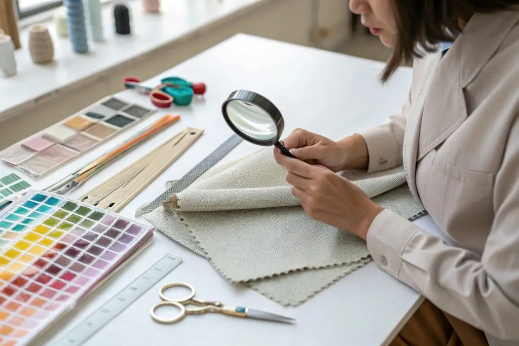 A fashion professional examining textile quality