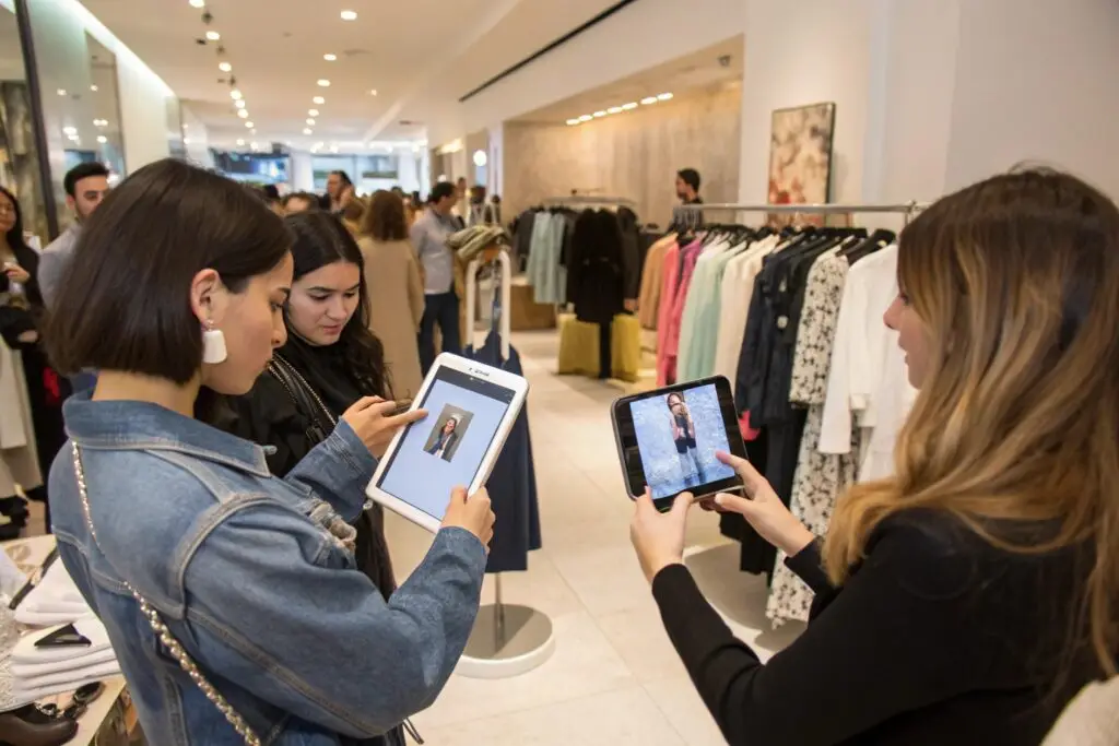 Shoppers using digital tablets for virtual try-on in a fashion store