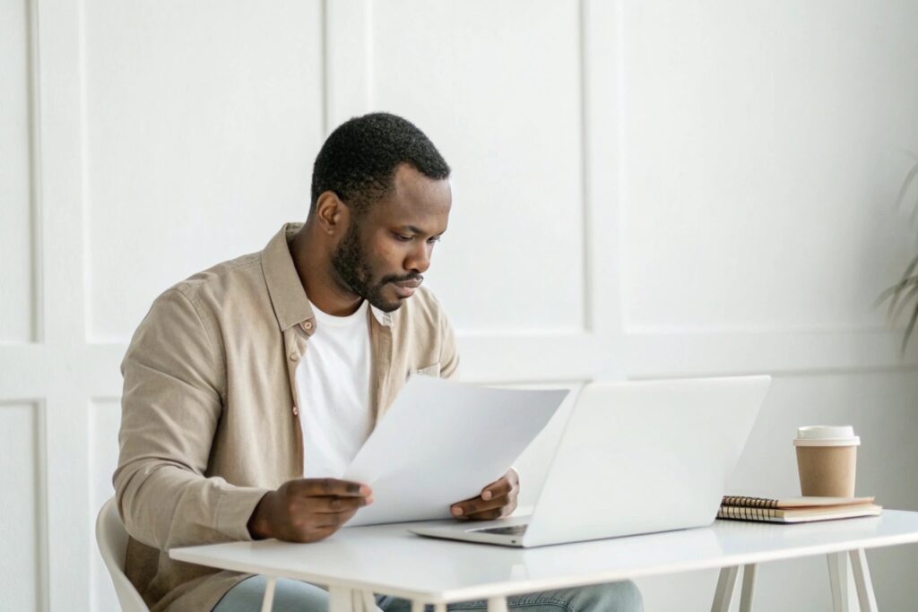 Freelance designer reviewing paperwork while sitting at a desk