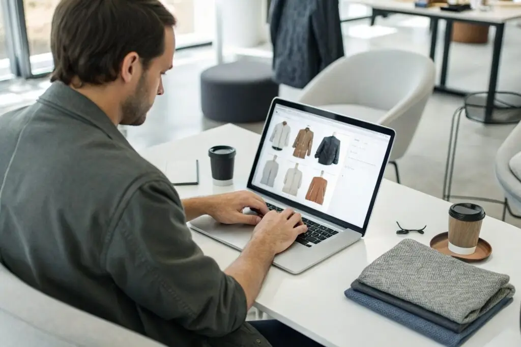 Freelance designer working on laptop with fashion images