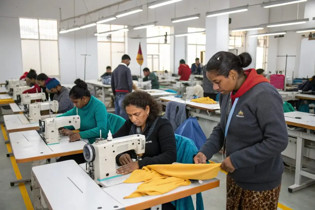 Workers sewing and inspecting garments in a clothing manufacturing facility