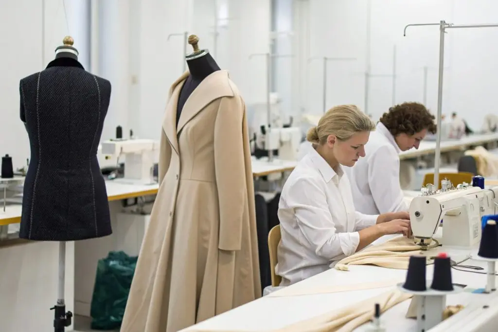 High-end fashion atelier with skilled designers sewing garments.