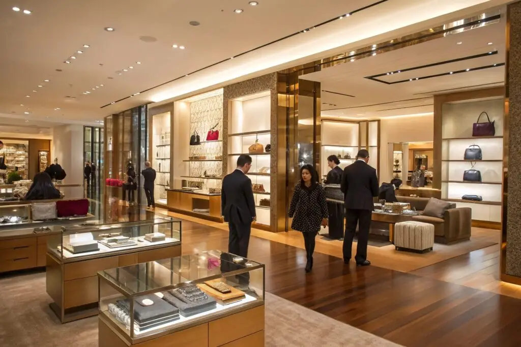 Luxury fashion boutique with high-end accessories on display