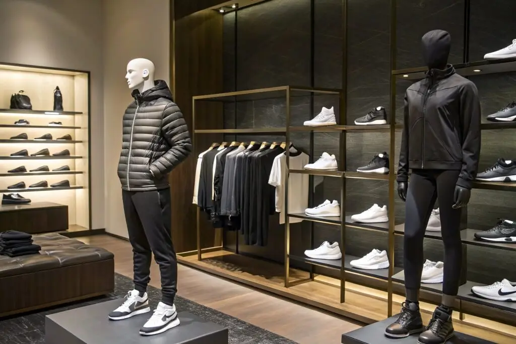 High-end retail store showcasing stylish sportswear and footwear.