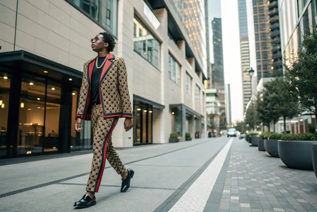 Young professional in patterned suit walking